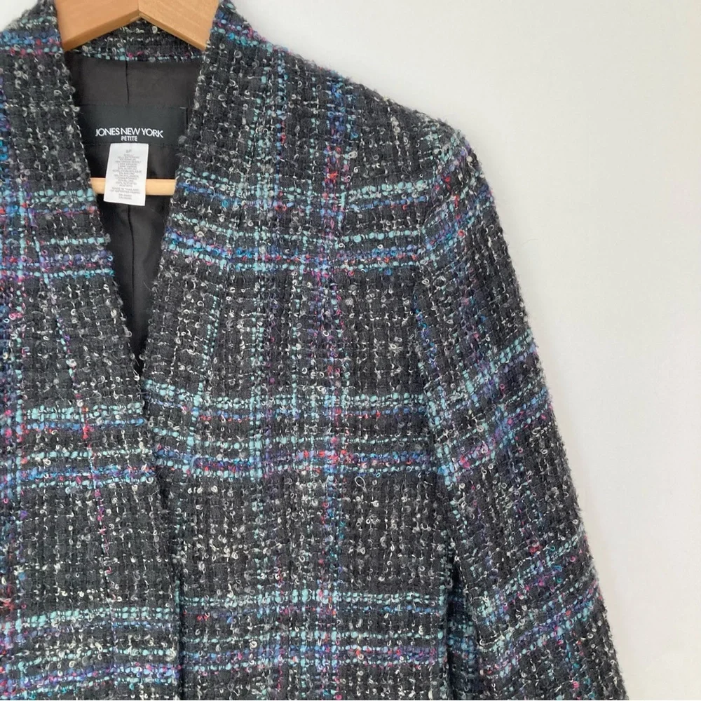 Jones New York Plaid Wool Blend Collarless Jacket Blazer Blue Black 8P
